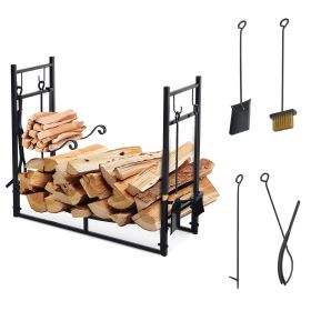 Outsunny Firewood Rack with Fireplace Tools, Indoor OutdoorFirewood Holder, Includes Poker, Tongs, Broom, Shovel, Black