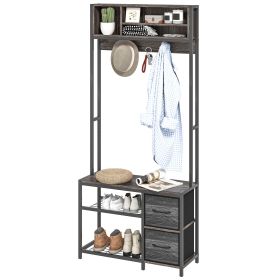 HOMCOM Hall Tree with Bench and Shoe Storage, 5-in-1 Entryway Bench with Coat Rack, 3 Storage Shelves, 2 Fabric Drawers, Gray
