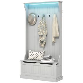 HOMCOM Entryway Hall Tree with Bench and Shoe Storage, 3-In-1 Storage Bench with LED Lights and 5 Coat Racks, Gray