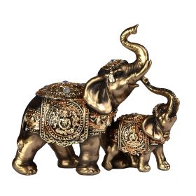 6"W Gold Thai Elephant and Baby with Trunk Up Figurine Home Decor Gift
