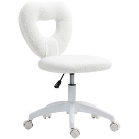 Armless Computer Desk Chair, Office Task Chair, Teddy Fleece Heart Makeup Vanity Chair with Swivel Wheels, White