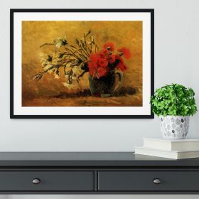 Vase with Red and White Carnations on Yellow Background by Van Gogh Framed Print (Color: Black/No White Edging, size: 18" x 12" / 48cm x 30cm (approx))